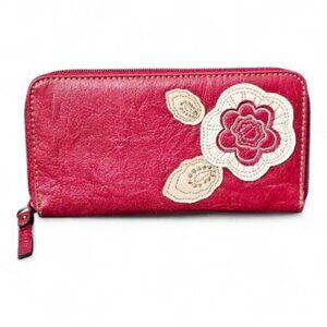 Axcess Liz Claiborne Floral Applique Zip Around Long Bi-Fold Red Satchel Wallet